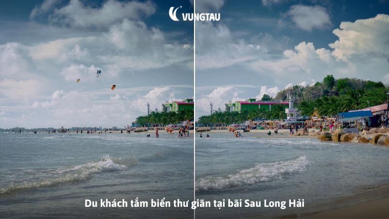 Du khách tắm biển thư giãn tại bãi Sau Long Hải