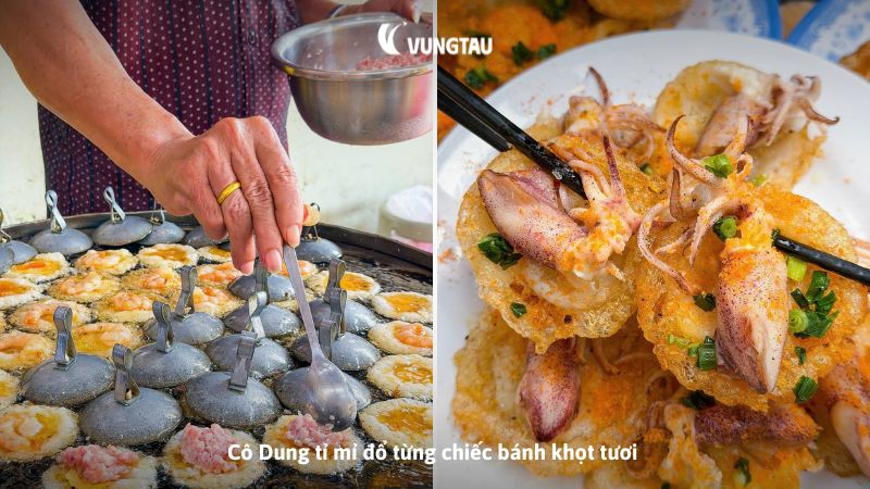 Cô Dung tỉ mỉ đổ từng chiếc bánh khọt tươi 
