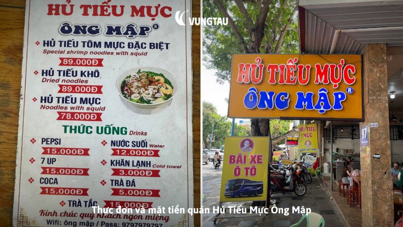 Thực đơn và mặt tiền quán Hủ Tiếu Mực Ông Mập