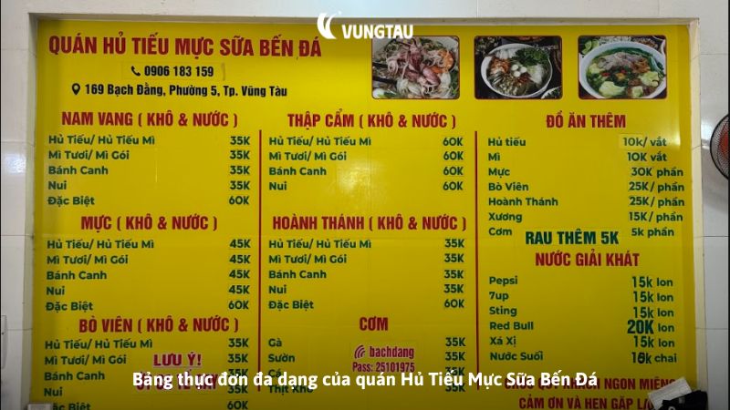 Bảng thực đơn đa dạng của quán Hủ Tiếu Mực Sữa Bến Đá