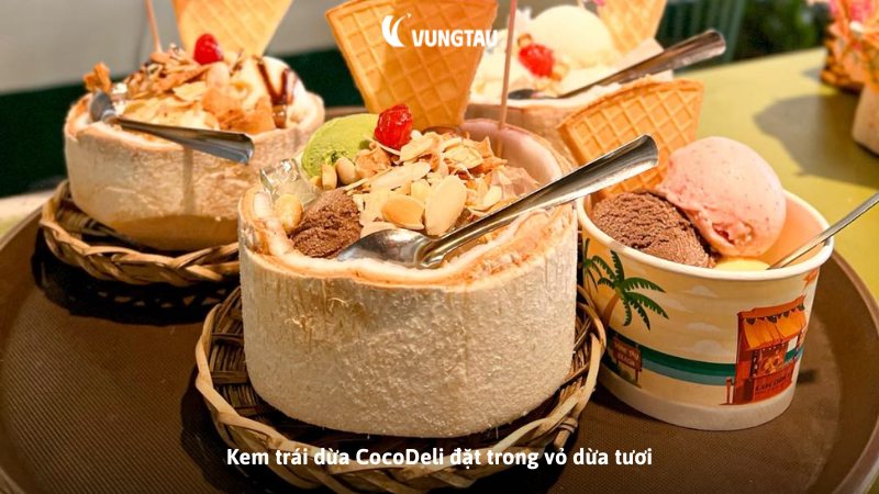 Kem trái dừa CocoDeli đặt trong vỏ dừa tươi