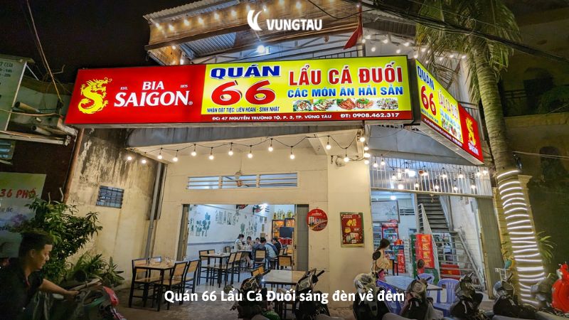 Quán 66 Lẩu Cá Đuối sáng đèn về đêm 