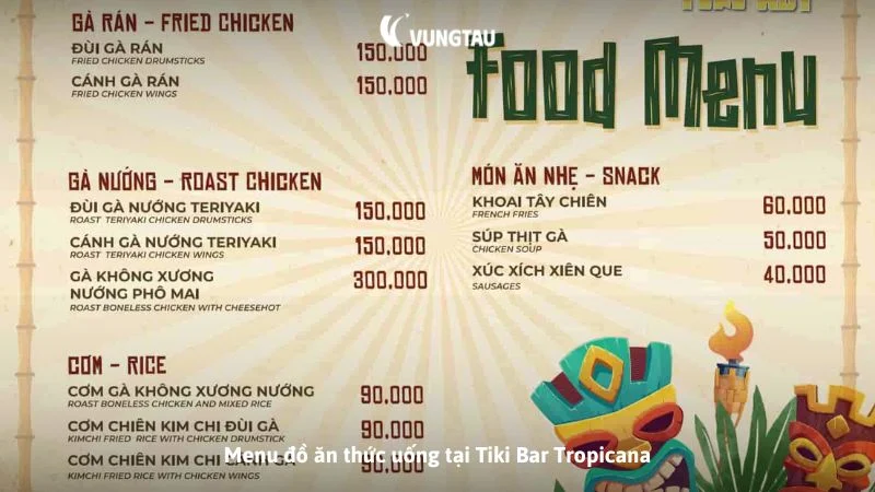 Menu đồ ăn thức uống tại Tiki Bar Tropicana