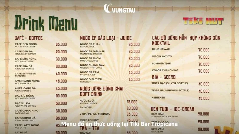 Menu đồ ăn thức uống tại Tiki Bar Tropicana