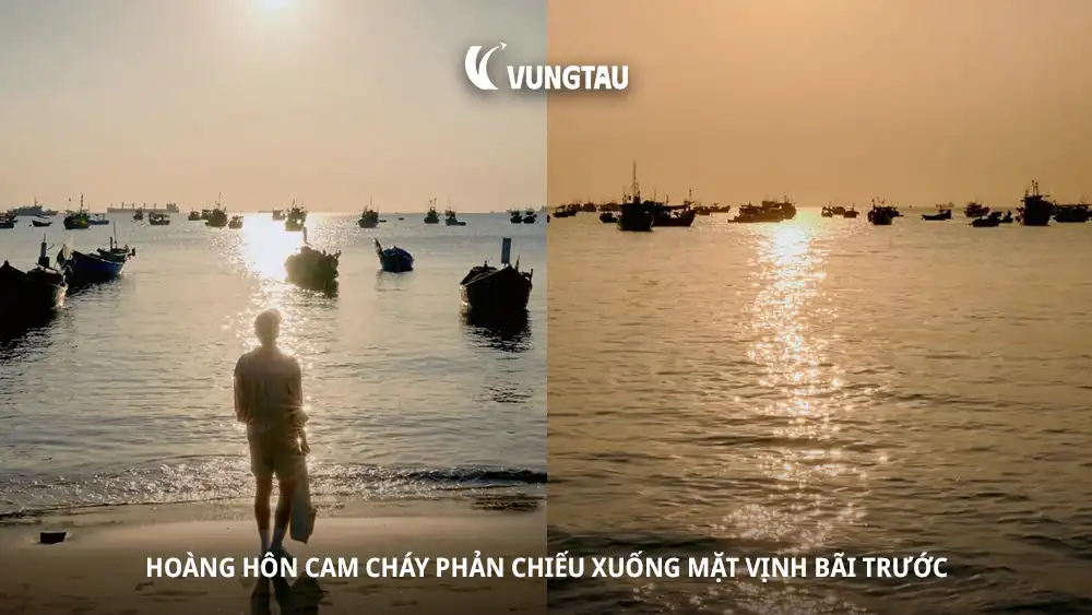 Hoàng hôn cam cháy phản chiếu xuống mặt vịnh Bãi Trước