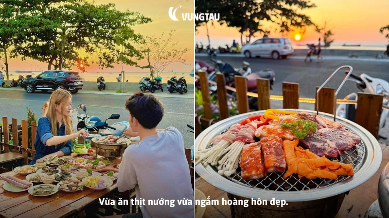 Vừa ăn thịt nướng vừa ngắm hoàng hôn đẹp.