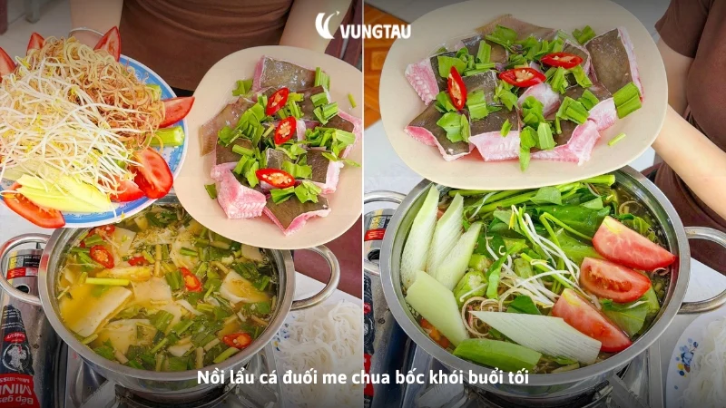Nồi lẩu cá đuối me chua bốc khói buổi tối